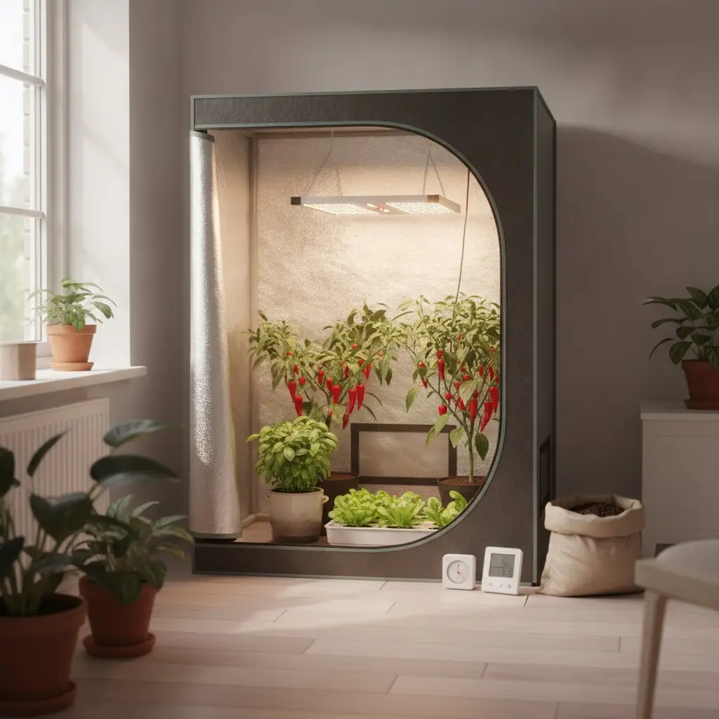 Grow box allestita in casa con luce LED, peperoncini, basilico e lattuga